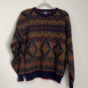 Navy Blue, Orange, Red, and Forest Greed Patterned Knit Sweater Size XL